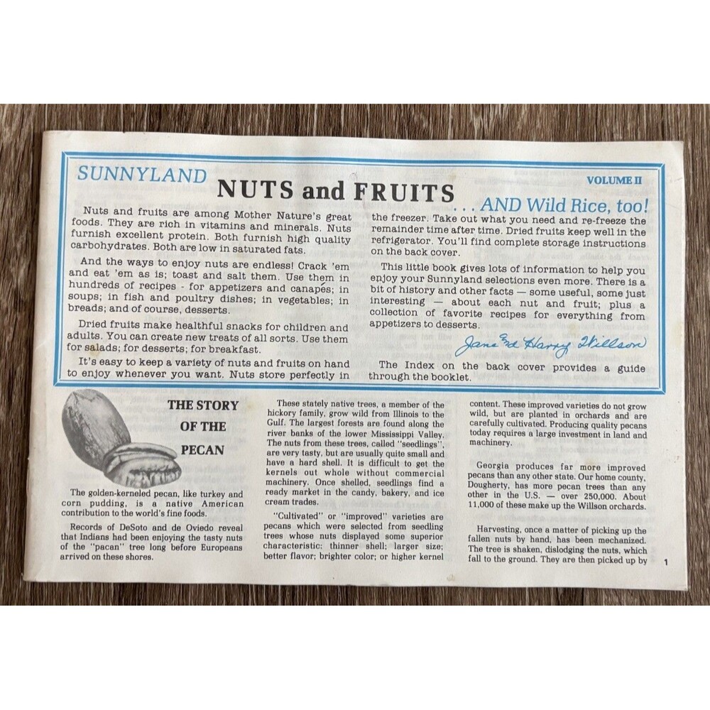 Vintage Sunnyland Nuts And Fruits and Wild Rice Too! Volume II Story Of Pecan